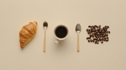 Aufkleber - Delicious flat lay featuring a croissant, coffee, and coffee beans on a neutral backdrop in a cozy morning setting. Generative AI