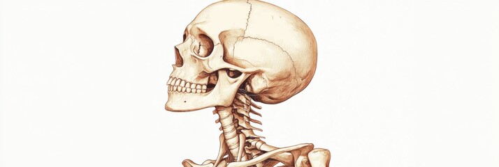 Poster - Detailed anatomical illustration of human skull and spine displayed against a plain background. Generative AI