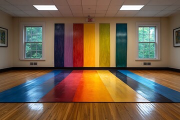 Wall Mural - Vibrant Rainbow Wall Art in Modern Gallery with Natural Light and Wooden Floor