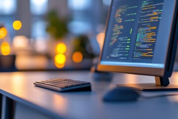 Computer screen with code and keyboard on desk