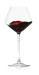 Wall Mural - Red wine splashing in glass on white background