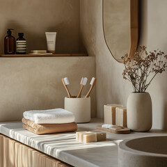 Plastic-Free Bathroom with Organic Soaps and Bamboo Accessories: A modern sustainable bathroom with bamboo toothbrushes, handmade organic soaps, and a clean aesthetic.