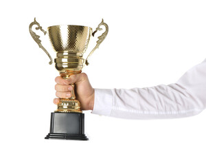 Wall Mural - man with golden trophy cup on white background, closeup