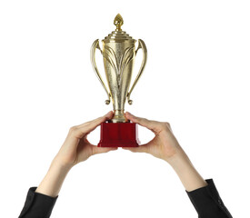 Wall Mural - woman with golden trophy cup on white background, closeup