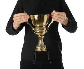 Wall Mural - woman with golden trophy cup on white background, closeup