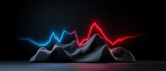 Wall Mural - A 3D rendering of a dark gray, abstract mountain peak with red and blue lightning bolts emanating from it.