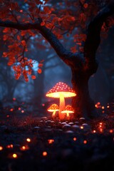 Poster - Glowing mushrooms under a tree in a dark forest, creating a magical atmosphere