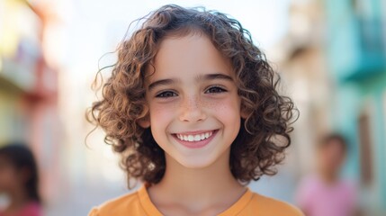 Wall Mural - Young Girl Smiling with Curly Hair