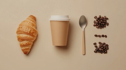 Aufkleber - Delicious flat lay featuring a croissant, coffee cup, spoon, and coffee beans on a light background. Generative AI