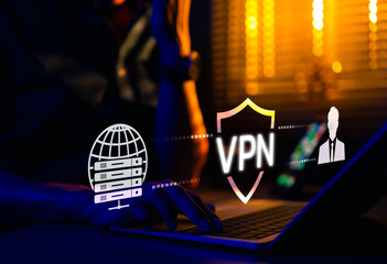 Wall Mural - VPN Virtual Private Network. Cybersecurity and data protection concept. Man using laptop with glowing VPN shield icon and digital network graphics. online privacy, secure connections, software tool,