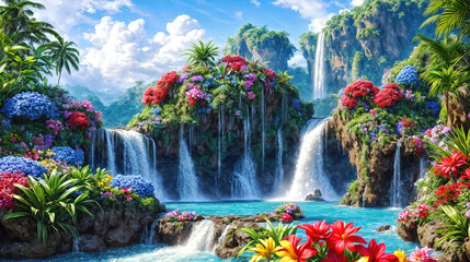 Wall Mural - Waterfalls and flowers idyllic landscape, a beautiful paradise land full of flowers rivers and waterfalls, idyllic Eden garden.