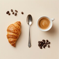 Aufkleber - Enjoying a morning coffee with a fresh croissant and roasted beans on a light background during breakfast time. Generative AI