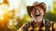 © Dulemegapixel - A cheerful senior man wearing a cowboy hat and glasses appears joyfully in a sunlit atmosphere, celebrating life with a warm, infectious smile in a natural setting.