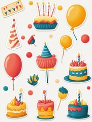 Poster - Celebrate with colorful festive stickers featuring balloons, cakes, party hats, and confetti for joyful occasions. Generative AI