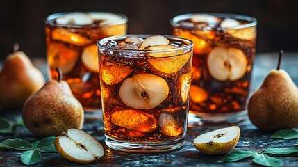 Poster - Sparkling pear drink with ice, rustic wood background, refreshment