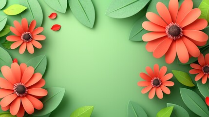 Wall Mural - Spring floral paper art border, green background