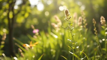 Wall Mural - sunlit meadow with blooming wildflowers and grass