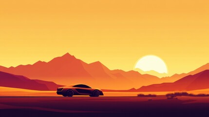 Wall Mural - Driving through a desert landscape at sunset with warm orange and yellow hues and distant mountain silhouettes. Generative AI