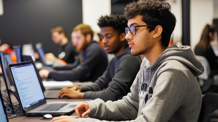 students engaged in computer programming class session