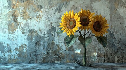 Wall Mural - Sunflowers in glass vase, rustic wall. Home decor