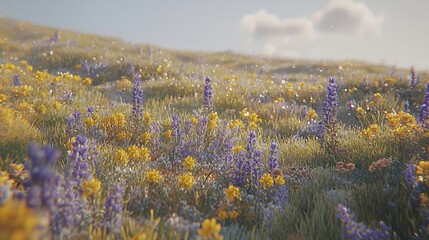 Canvas Print - Sunlit wildflowers meadow, gentle slope, morning mist, idyllic scene, nature background