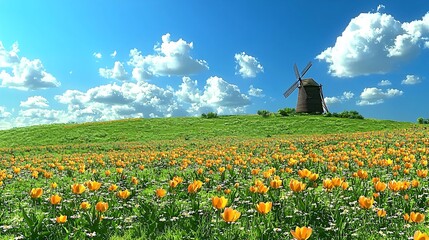 Sticker - Sunny field, windmill, tulips, blue sky.  Ideal for travel brochures