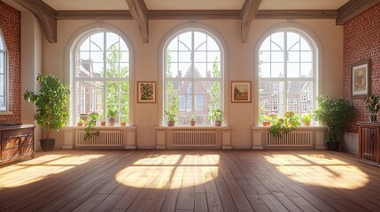 Wall Mural - Sunny loft apartment with arched windows, city view