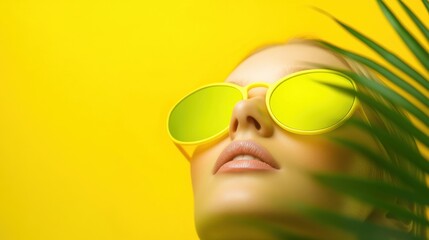 Wall Mural - Woman in Yellow Sunglasses with Palm Leaf