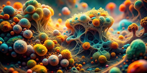 A mesmerizing abstract landscape with a web of vibrant colors, intricate details, and spherical formations reminiscent of a microscopic world.