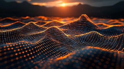 Sunset over digital landscape; data visualization background