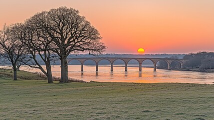 Sticker - Sunset over river, arched bridge, trees.  Landscape photography