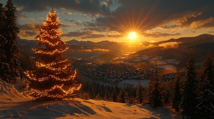 Wall Mural - Sunset over snowy mountain village, illuminated fir tree