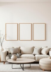 Neutral beige living room interior with three empty frames set for wall art mockup monochrome boho room with vase sofa and neutral decor wall art mockup interior wall frame mockup art home empty moder