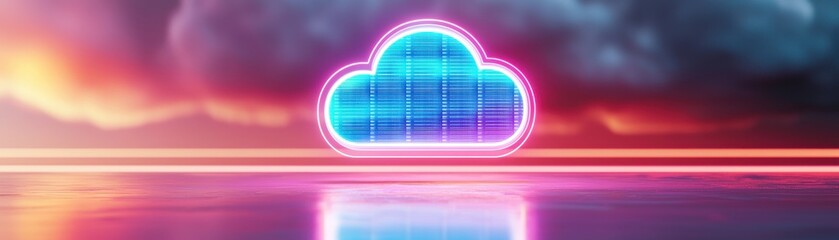 Wall Mural - futuristic cloud symbol illuminated in neon lights above water.