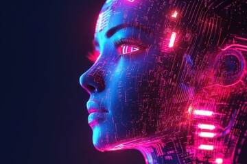 Wall Mural - Woman: Circuitry and Light - Close-up profile of a woman's face, digitally with glowing pink and blue circuit patterns overlayed. Futuristic and technological