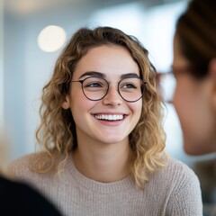 Wall Mural - Smiling Woman with Glasses in a Conversation