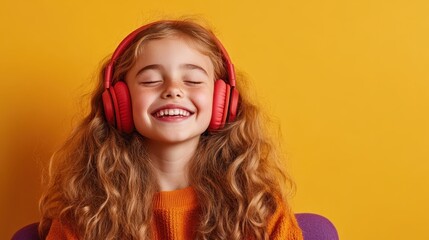 A smiling girl with curly hair wears red headphones, enjoying her music. Her joyful expression captures the essence of happiness and the power of music in her life.