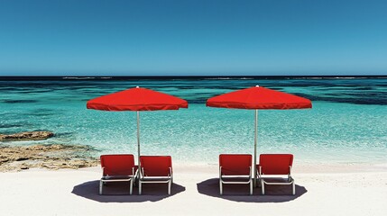 Wall Mural - Tropical beach, red chairs, umbrellas, turquoise water, relaxation