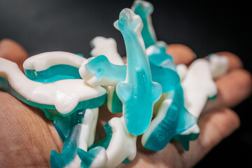 Wall Mural - A close-up of a blue and white gummy shark candy resting on a person's hand. The candy has a shiny, translucent texture and a soft, chewy appearance.