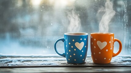 Steaming coffee mugs by a frosted window in winter.