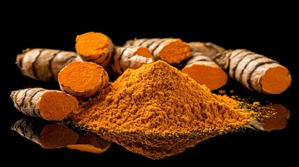 Poster - Turmeric powder and roots on black. Food ingredient photo