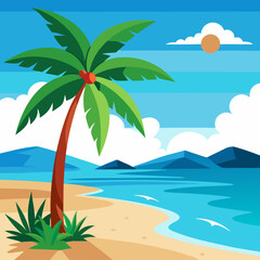 Wall Mural - Stunning Tropical Beach Landscape with Palm Tree Vector Art