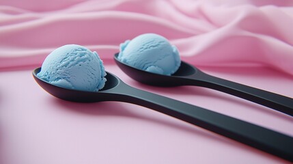 Sticker - Two scoops light blue ice cream on spoons, pink background, food photography