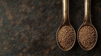 Poster - Two spoons of brown seeds on dark background. Food photography