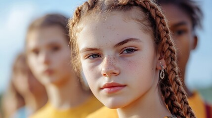 Wall Mural - portrait of a young girl with braided hair and friends