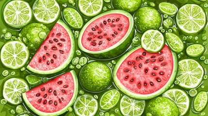 Poster - Watermelon and lime slices float in green juice. Summer refreshment