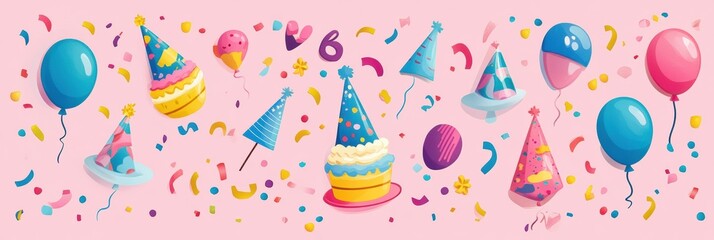 Aufkleber - Festive decorations featuring balloons, cakes, confetti, and party hats for a joyful celebration or birthday event. Generative AI