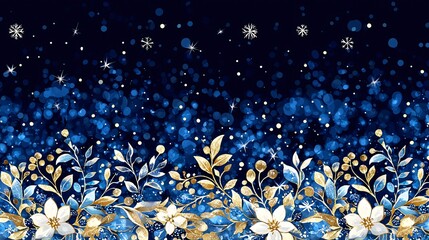 Canvas Print - Winter floral border, gold & blue, starry night background, festive design