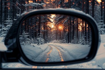 Wall Mural - Close up of rearview mirror capturing stunning sunset reflection in a vehicle s interior