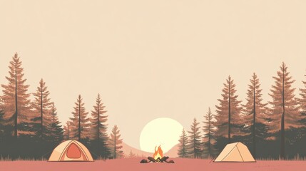 Poster - Relaxing evening at a serene camping site with tents and a campfire surrounded by tall trees. Generative AI